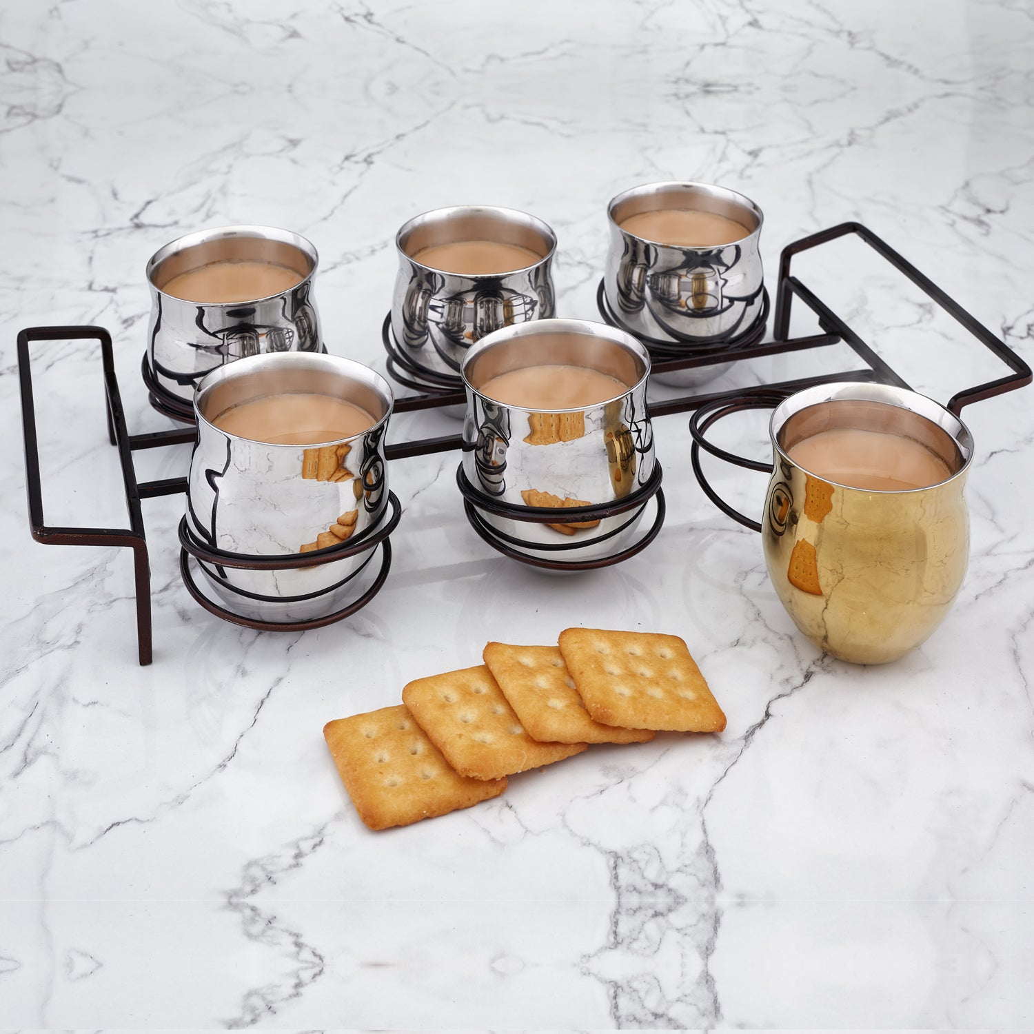 Mirror Kulhad Set of 6 With Serving Stand